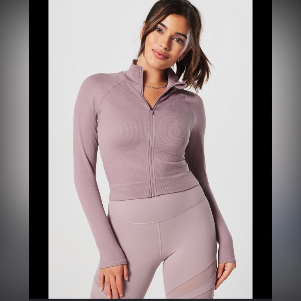 Fabletics Cropped Seamless Rib Train Jacket Misty… - image 2